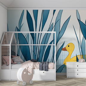 Peaceful duck mural wallpaper with aquatic plants for calming kids room decor
