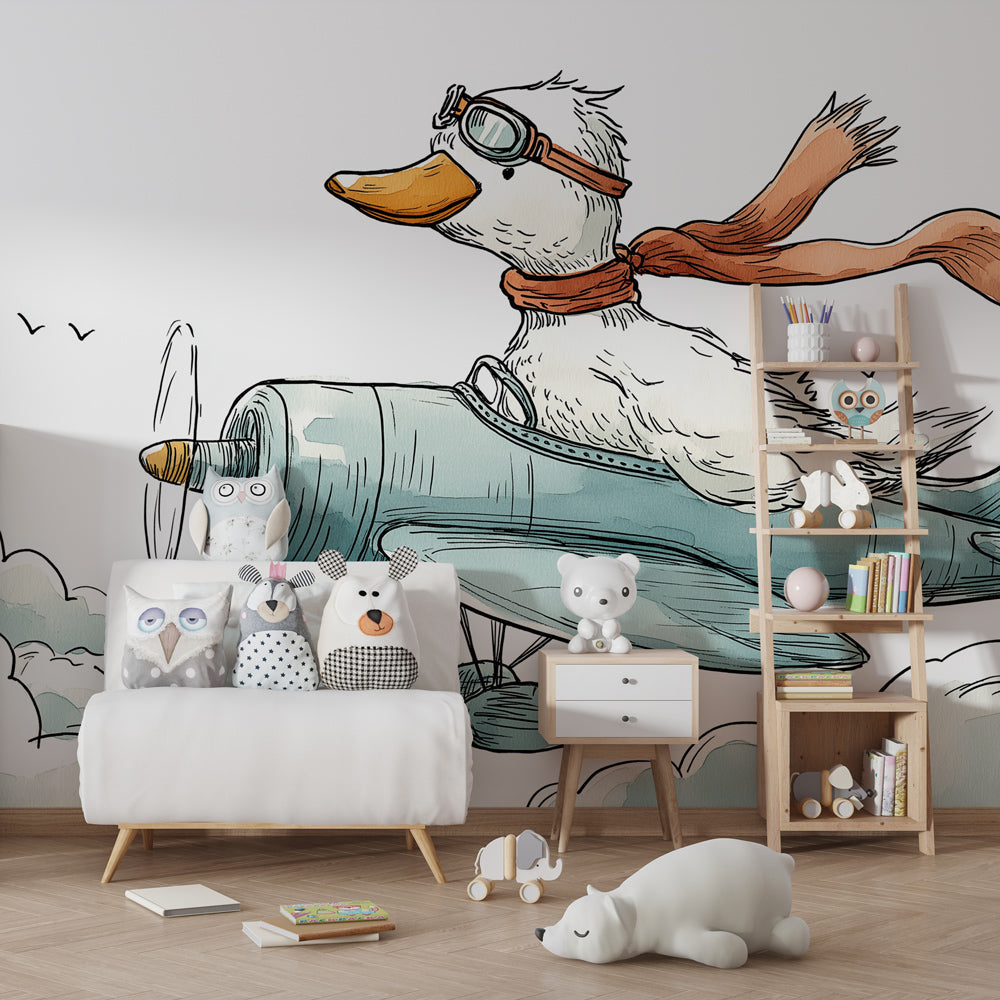 Aviation themed duck wallpaper creating adventurous atmosphere in children's bedroom