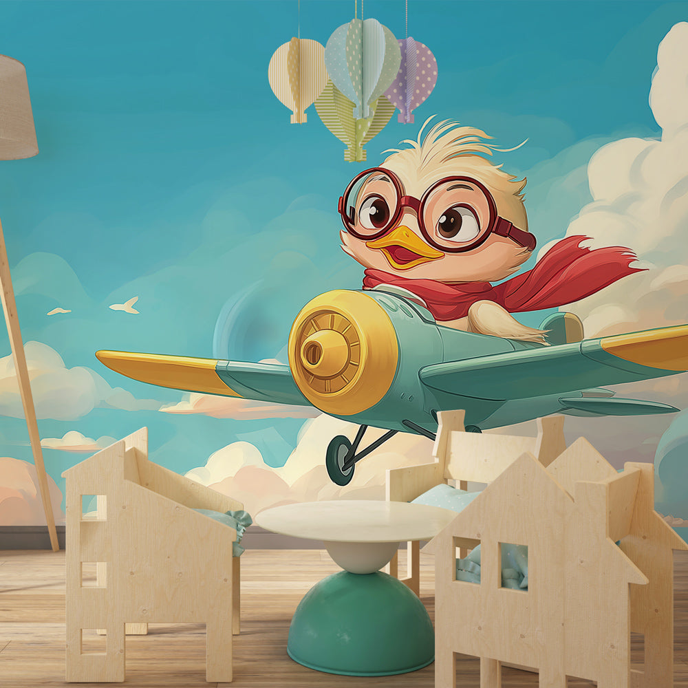 Aviation adventure mural wallpaper featuring duck pilot in colorful kids bedroom setting