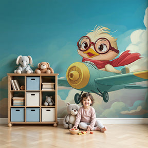 Duck pilot mural wallpaper in modern nursery room with aviator theme decor by Kids-Mundo
