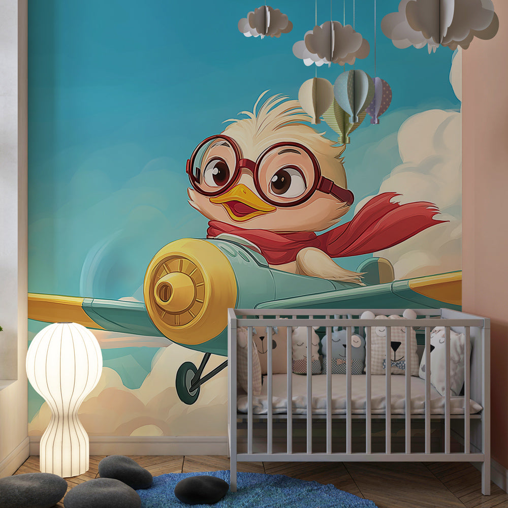 Whimsical duck aviator wallpaper creating magical sky adventure atmosphere in children's playroom