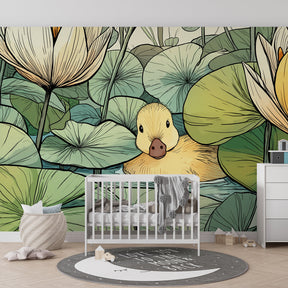 Water lily duck wallpaper creating serene atmosphere in children's bedroom decor