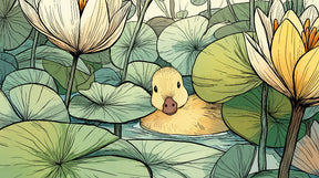 Detailed duck and water lily mural wallpaper design pattern by Kids-Mundo showing artistic elements