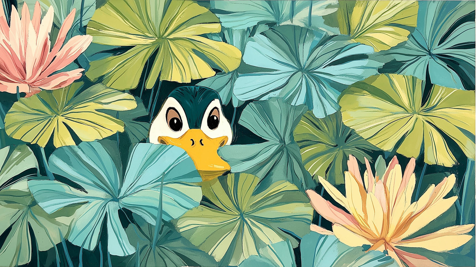 Detailed duck and water lily mural wallpaper design pattern showing pond scene by Kids-Mundo