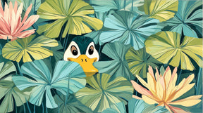 Detailed duck and water lily mural wallpaper design pattern showing pond scene by Kids-Mundo