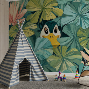 Adorable duckling wallpaper with water lilies creating magical playroom atmosphere for children