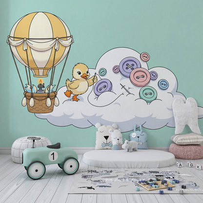 Kids-Mundo duckling and button cloud wall mural featured on a kids bedroom wall