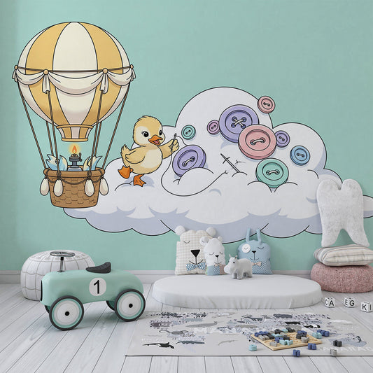 Kids-Mundo duckling and button cloud wall mural featured on a kids bedroom wall