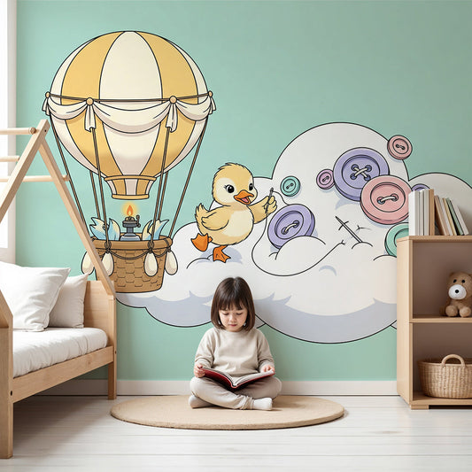 Kids-Mundo duckling and hot air balloon wall mural styled in a mint nursery