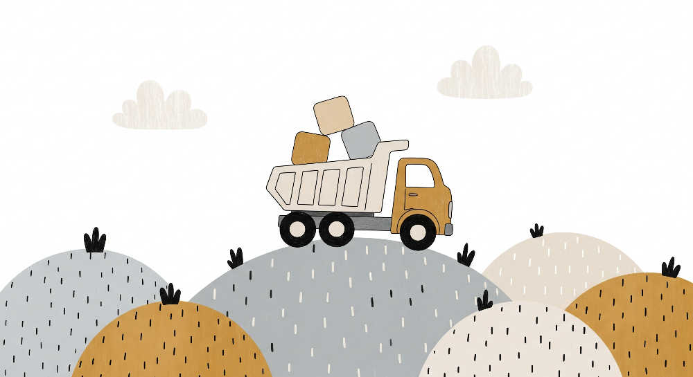 Kids-Mundo flat artwork preview of the dump truck and building blocks wall mural design.