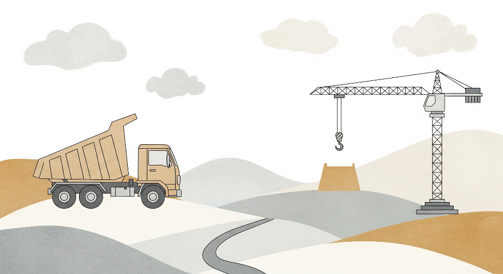 Dump Truck and Crane on a Winding Road Wall Mural