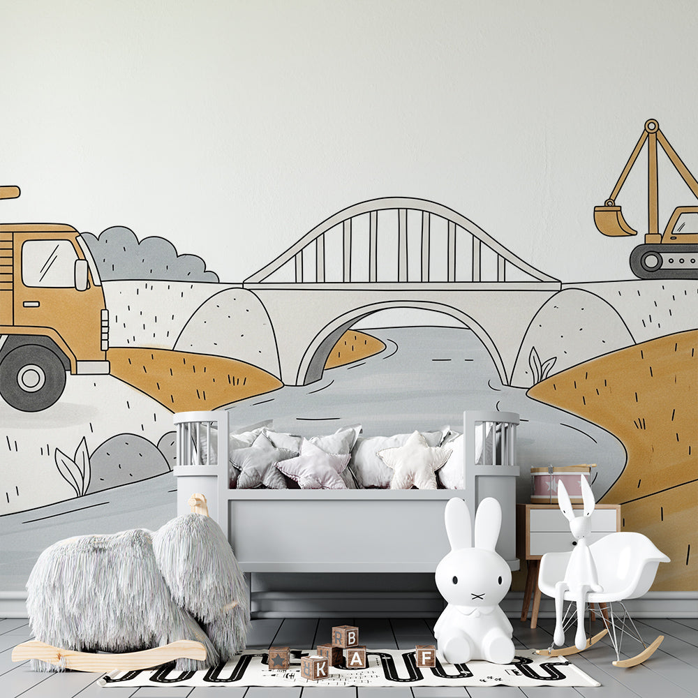 Kids-Mundo digger and river wall mural in a playroom with toy trucks lined along the floor.