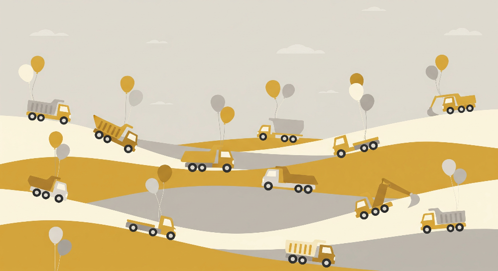 Kids-Mundo flat artwork of dump trucks, a digger and balloons over rolling hills, full mural design.