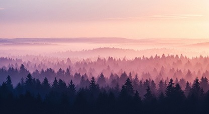 Kids-Mundo dusky pink misty forest wall mural flat artwork showing layered pine silhouettes