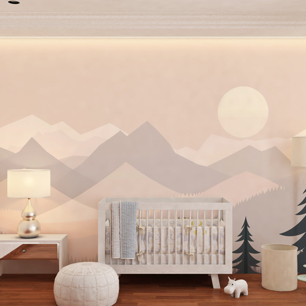 Kids-Mundo dusty pink mountain wall mural as a feature wall behind the bed in a kids bedroom