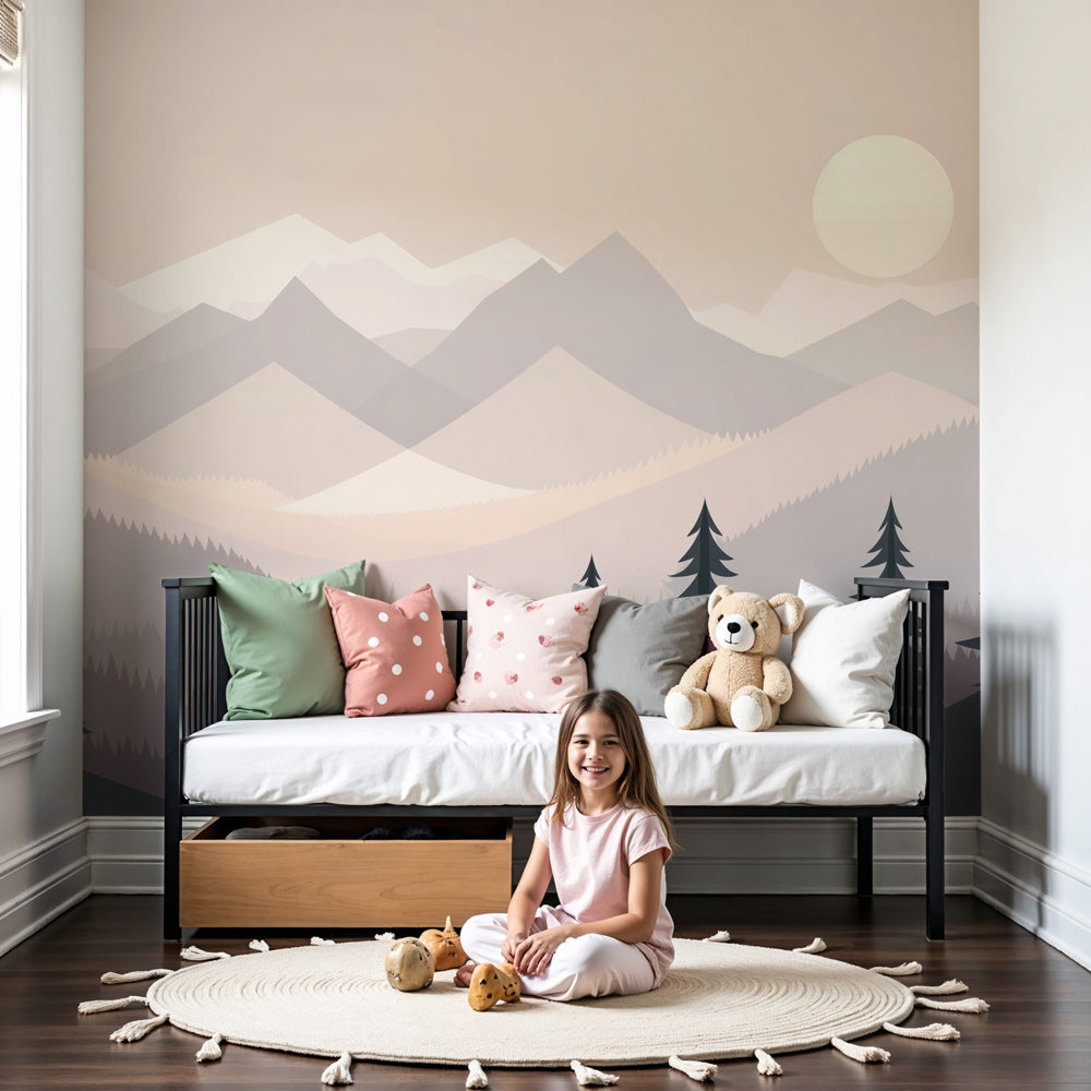 Kids-Mundo dusty pink mountain wall mural in a calm nursery with a cot and soft neutral decor
