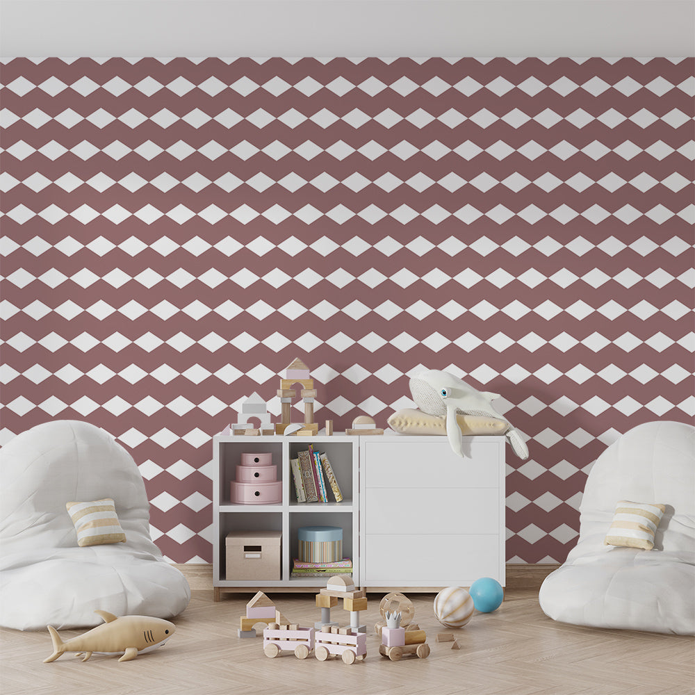 Kids-Mundo terracotta diamond wallpaper covering a feature wall in a child's bedroom