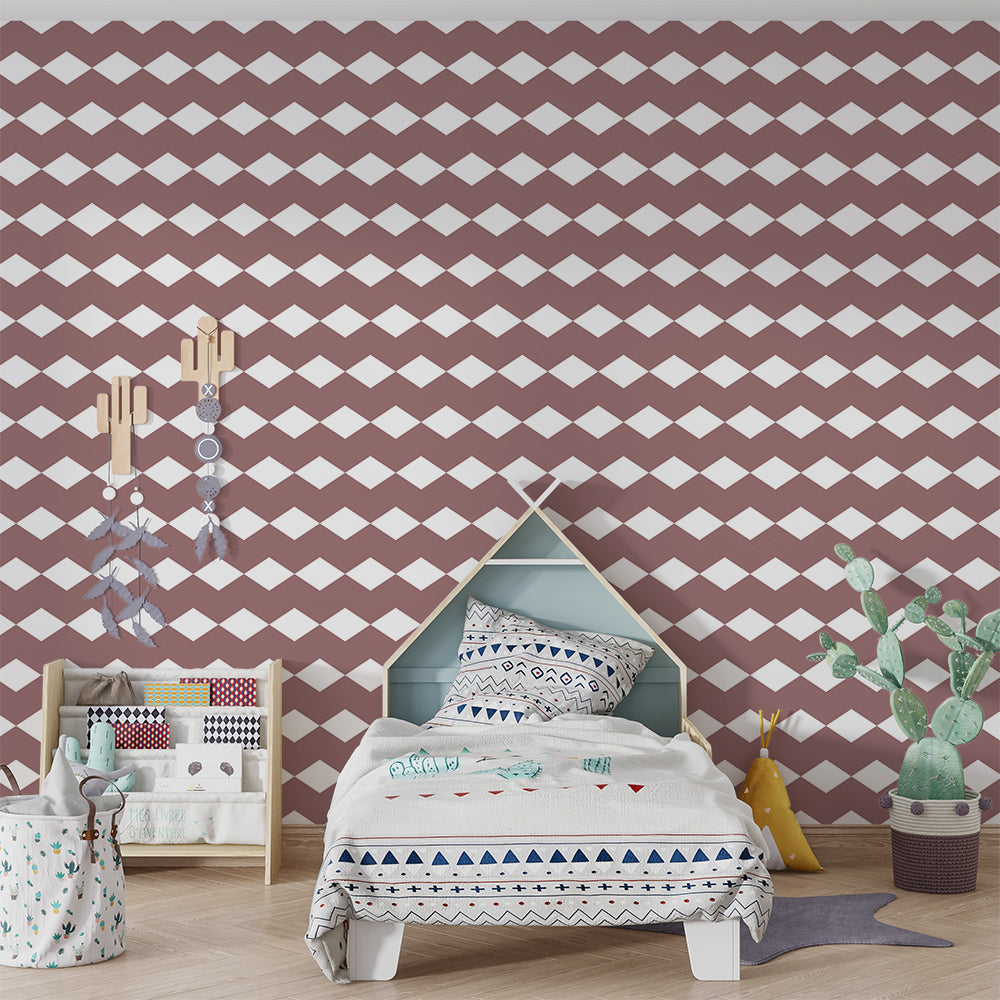 Kids-Mundo terracotta diamond mural in a playroom with toys and a reading corner