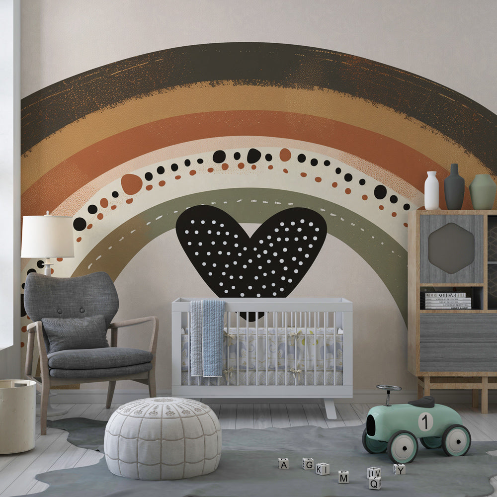Earth tone rainbow wallpaper creating peaceful atmosphere in kids bedroom decor