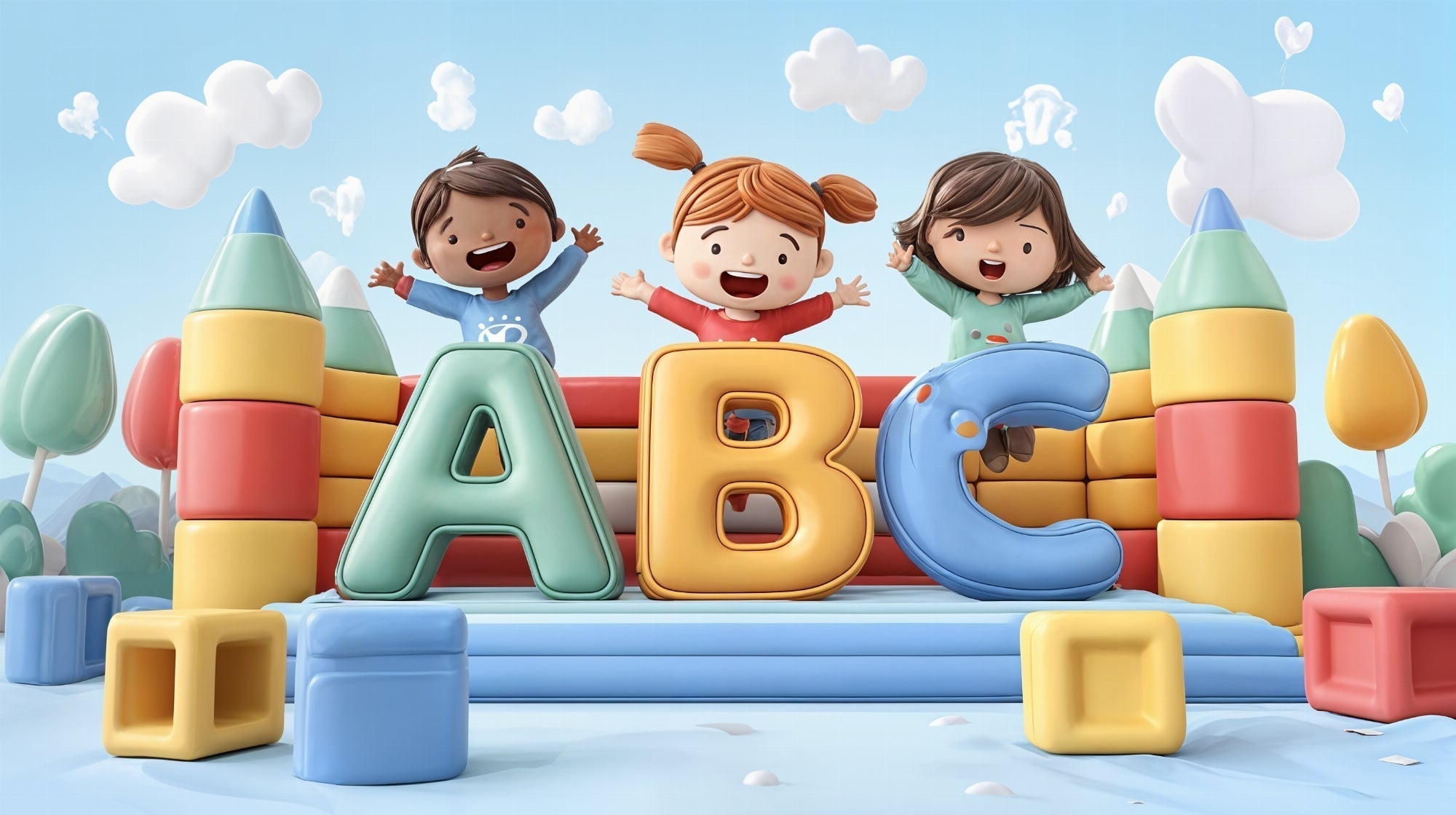 Detailed ABC playground mural wallpaper design pattern with bounce castle elements by Kids-Mundo