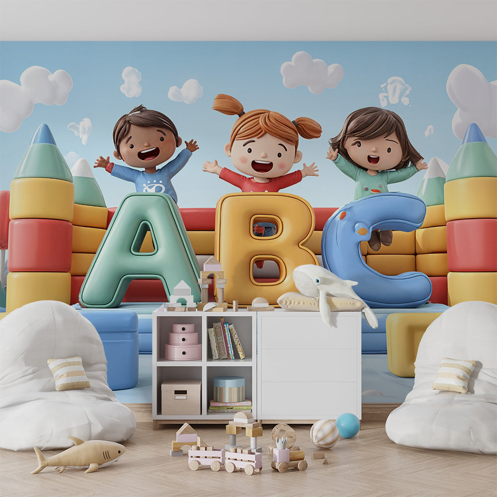 Colorful educational playground wallpaper transforming nursery into interactive learning space