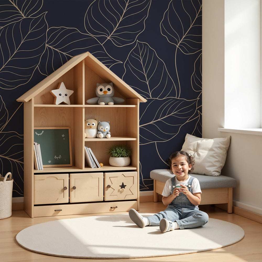Elegant leaves mural wallpaper with navy background in modern kids bedroom by Kids-Mundo