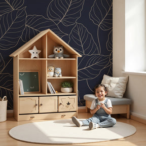 Elegant leaves mural wallpaper with navy background in modern kids bedroom by Kids-Mundo