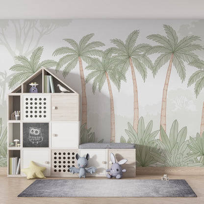 Kids-Mundo elegant palm trees wall mural covering a kids' bedroom feature wall