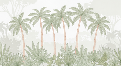Kids-Mundo flat artwork of elegant palm trees against a soft, misty jungle backdrop
