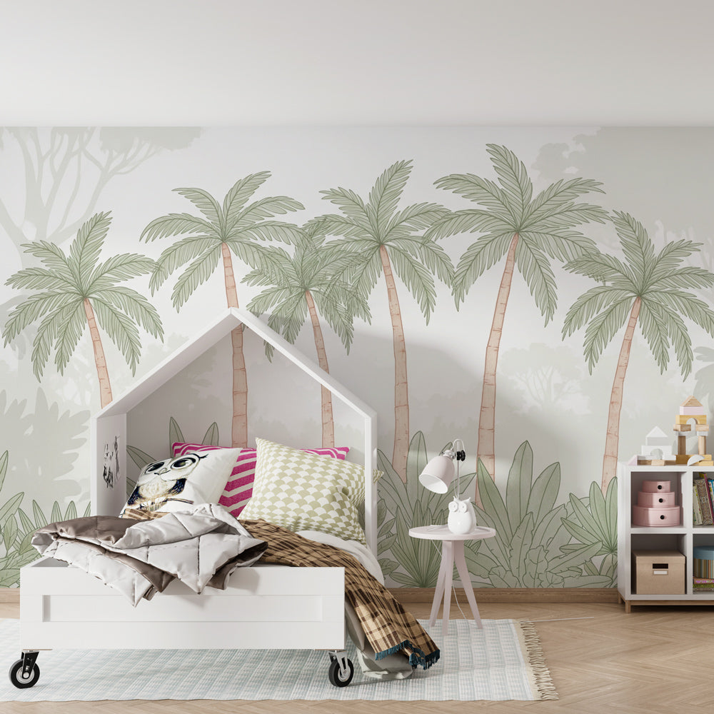Kids-Mundo palm tree jungle mural softening a playroom wall in muted tones