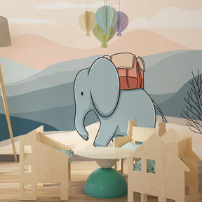 Mountain explorer elephant wallpaper creating peaceful atmosphere in baby bedroom with pastel colors