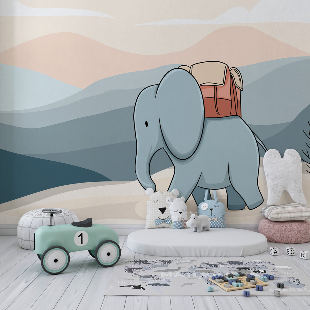 Gentle elephant mural wallpaper with mountain landscape for serene baby room decor by Kids-Mundo