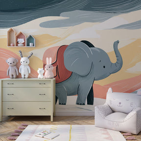 Adventure themed elephant wallpaper transforming kids playroom with sunset colors