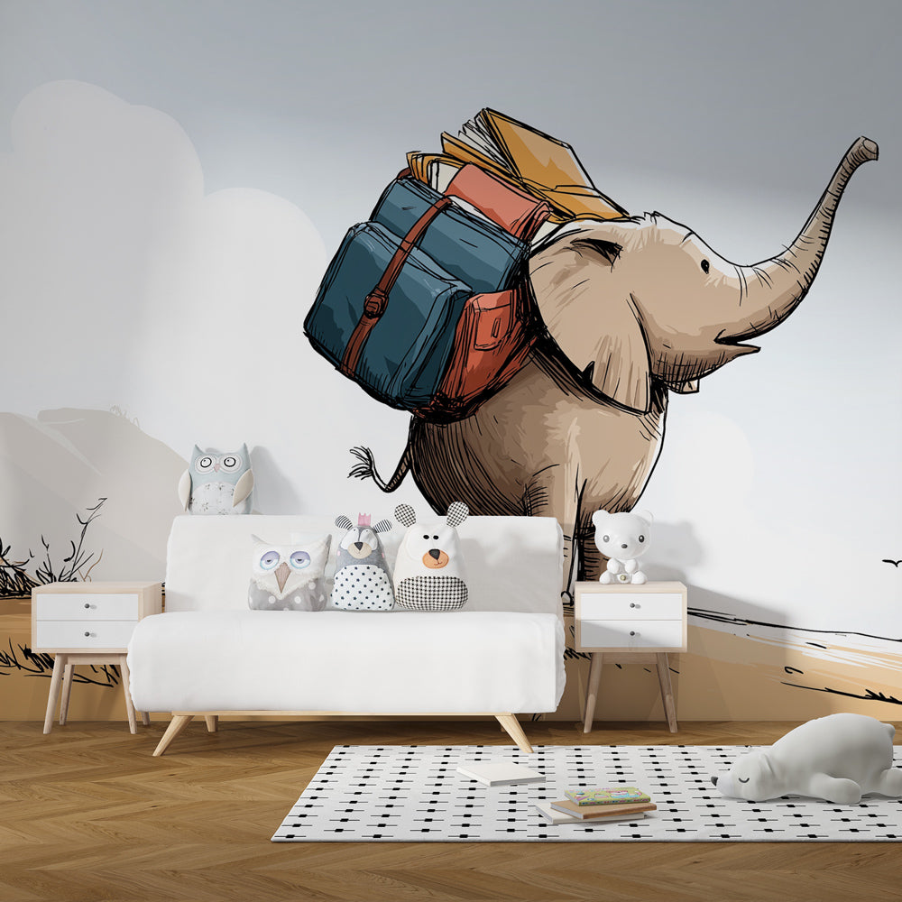 Adventure-themed elephant mural wallpaper with backpack in bright kids playroom setting