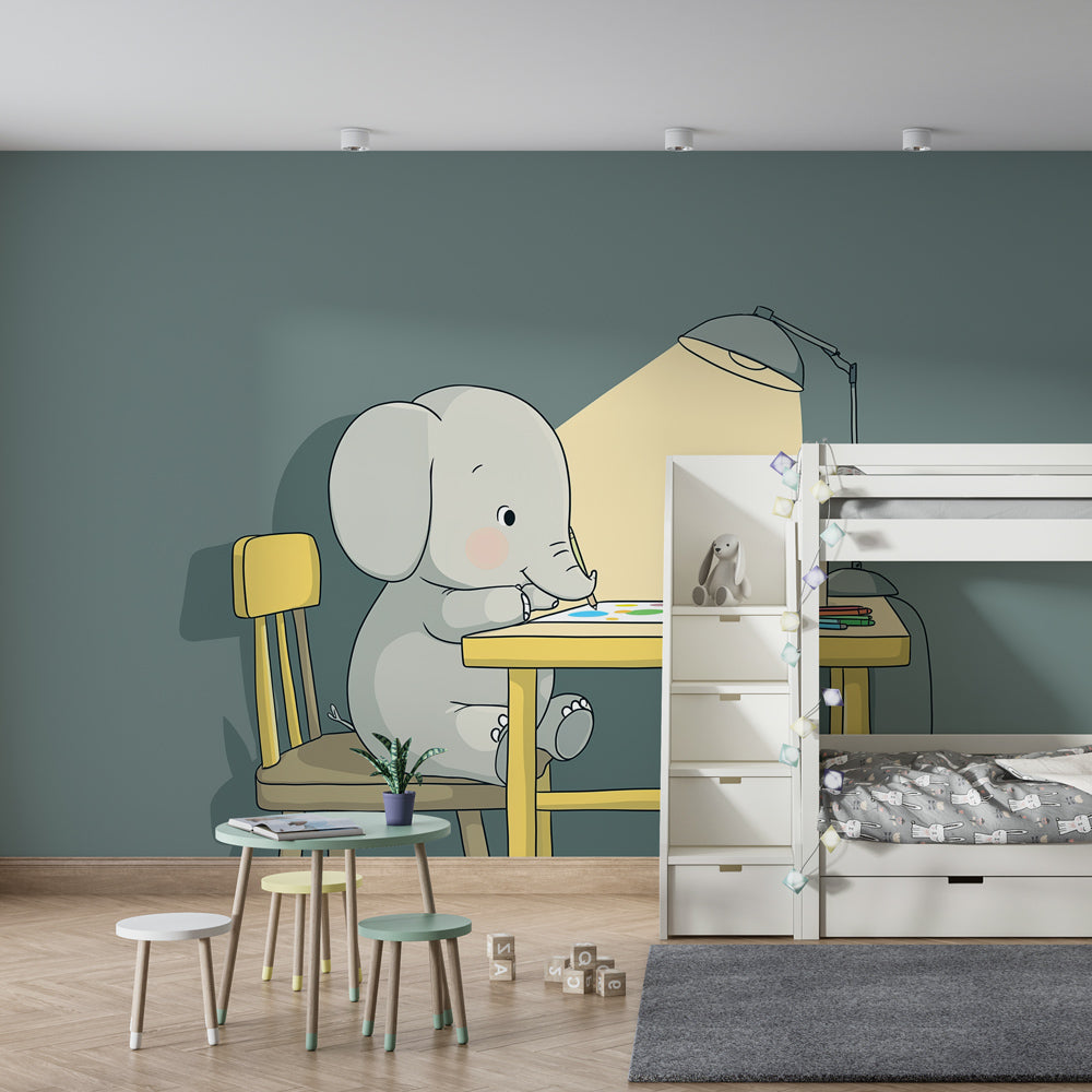 Baby elephant mural wallpaper inspiring creativity in children's playroom setting