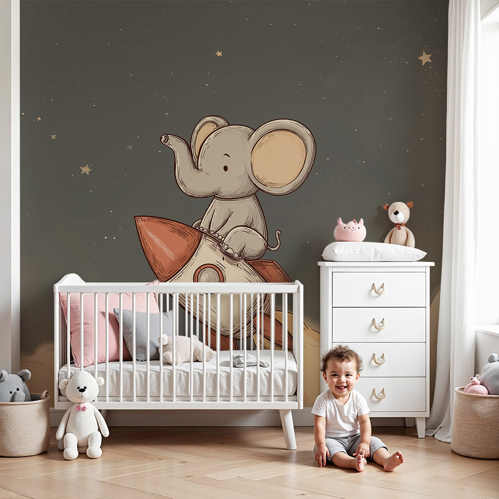 Kids-Mundo elephant astronaut rocket wall mural in a dreamy nursery room