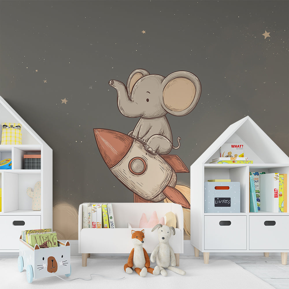 Kids-Mundo elephant astronaut wall mural decorating a fun playroom wall
