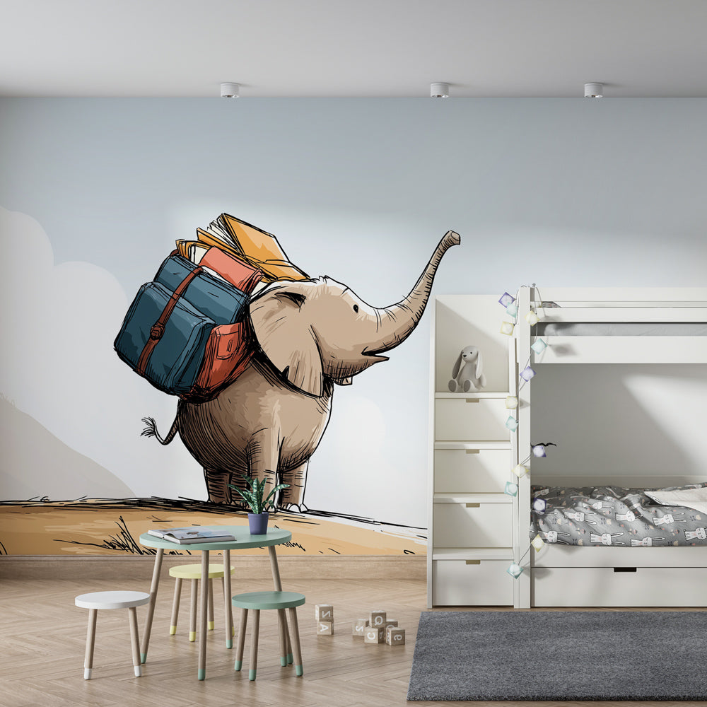 Kids-Mundo elephant with backpack wall mural covering a feature wall in a child's bedroom.