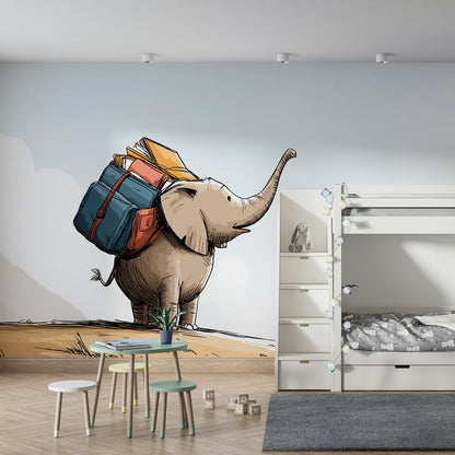 Kids-Mundo elephant with backpack wall mural covering a feature wall in a child's bedroom.