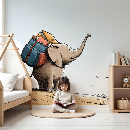 Kids-Mundo adventuring elephant wall mural shown as a wallpaper feature in a calm nursery.