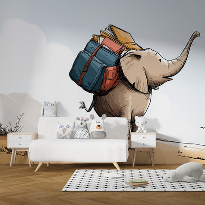 Kids-Mundo adventuring elephant wall mural installed as a feature wall in a school-themed playroom.