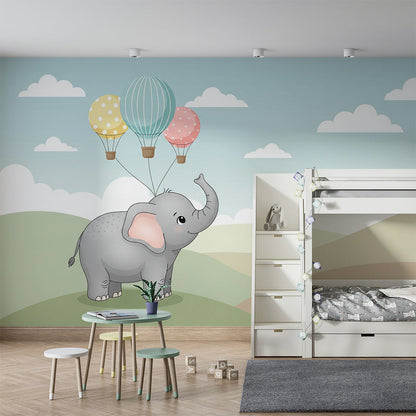 Kids-Mundo elephant balloon wall mural with blue sky in a children's bedroom