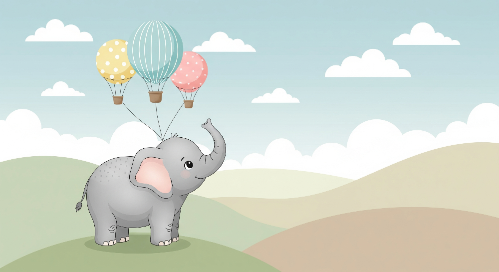Little Elephant Holding Balloons Wall Mural