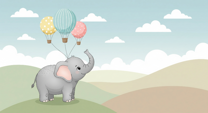 Kids-Mundo flat artwork of an elephant holding three balloons on a grassy hill