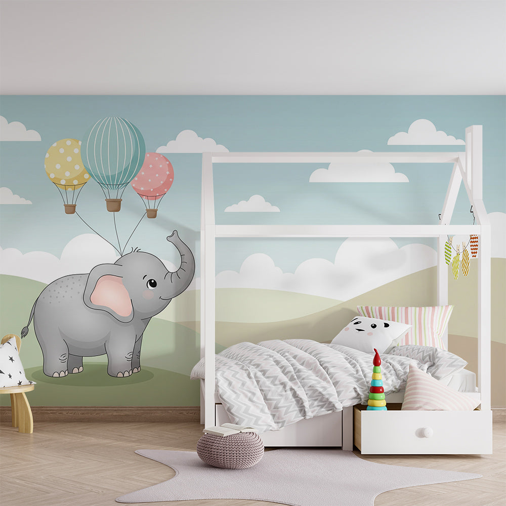 Kids-Mundo elephant and balloons wall mural in a playroom feature wall