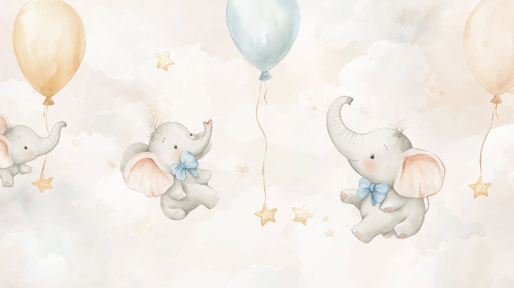 Detailed elephant balloon mural wallpaper design pattern with pastel colors by Kids-Mundo