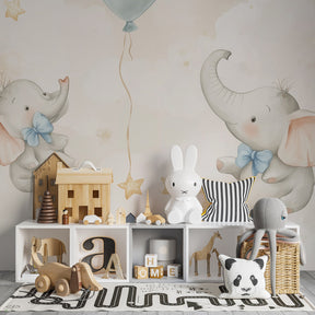 Soft pastel elephant mural wallpaper with golden stars for children's bedroom