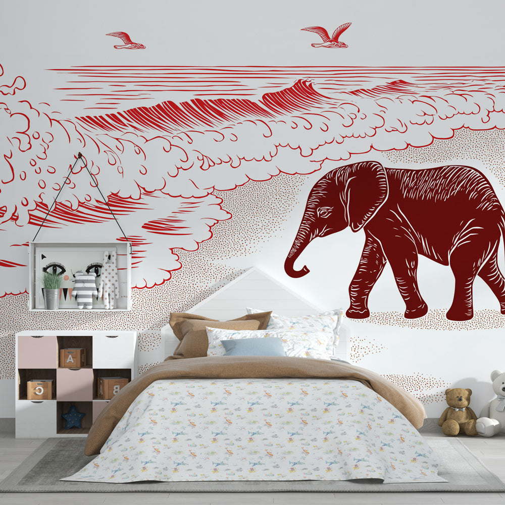 Red and white elephant ocean wallpaper creating coastal themed kids bedroom decor