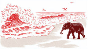 Detailed elephant beach mural wallpaper design pattern with stylized waves by Kids-Mundo