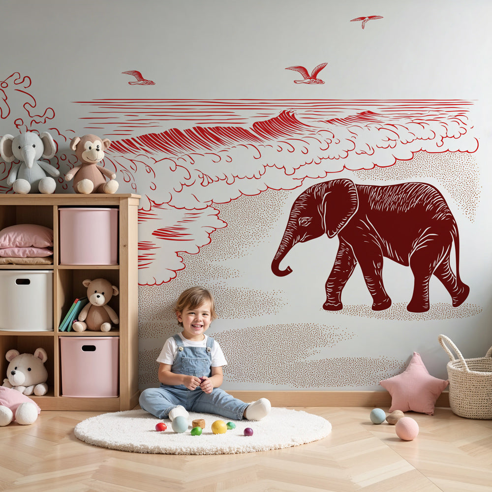 Elephant beach mural wallpaper with stylized waves in modern nursery by Kids-Mundo